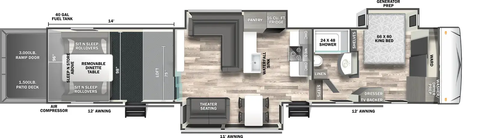 The Shockwave 4114GX floorplan is a toy hauler that has two entries and three slide outs. Exterior features include: fiberglass exterior, 12' and 11' & 12' awning. Interiors features include: free-standing dinette option and front bedroom.